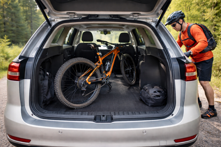 Praxisbeispiel: Ein Mountainbike passt problemlos in den Kofferraum eines Kombis mit umgeklappter Rückbank.
