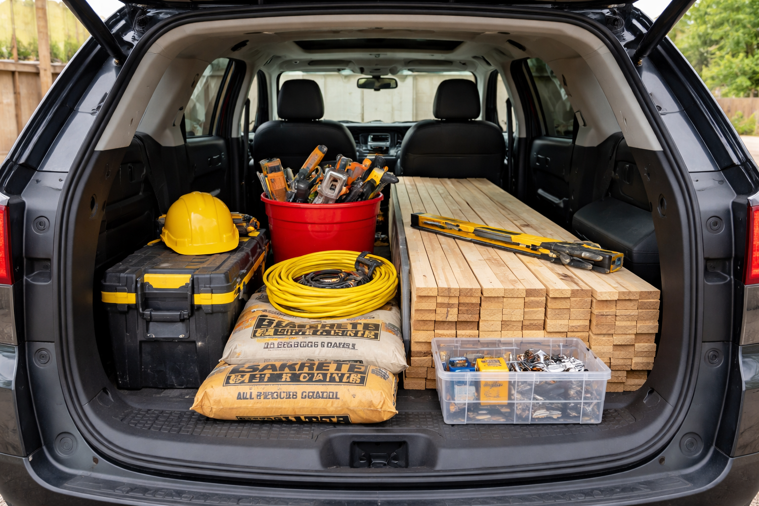 Offener SUV-Kofferraum mit gestapelten Holzbrettern, Werkzeug, Kabelrolle und Baumaterial zur Darstellung von Kofferraumgröße, Ladevolumen und Kofferraummaßen eines SUVs