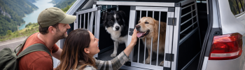 Hundebox im Kofferraum eines Kombis während eines Roadtrips – gesicherter Hundetransport im Auto mit zwei Hunden und Menschen in Berglandschaft