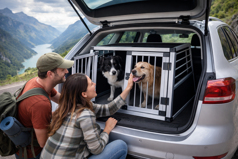 Hundebox im Kofferraum eines Kombis während eines Roadtrips – gesicherter Hundetransport im Auto mit zwei Hunden und Menschen in Berglandschaft