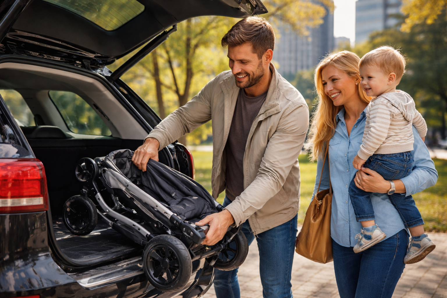 Familie lädt einen Kinderwagen aus dem Kofferraum eines Autos, um in einem Stadtpark spazieren zu gehen