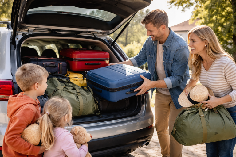 Familie lädt Koffer und Reisetaschen in den Kofferraum eines Autos für eine Urlaubsreise