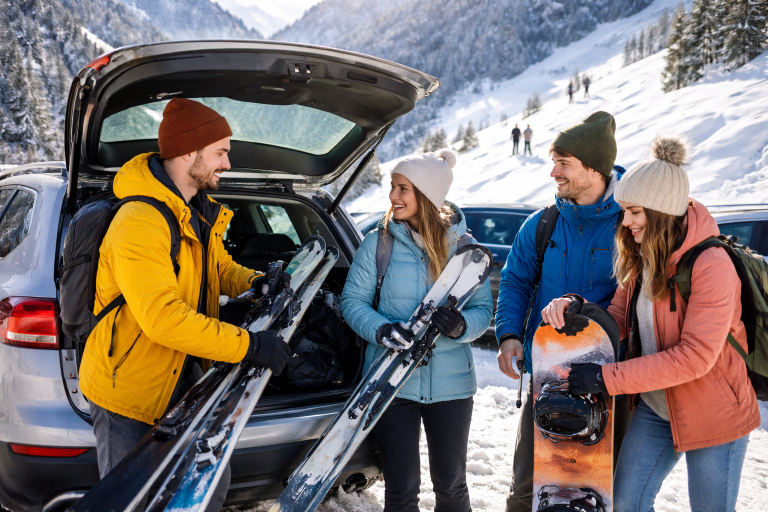 Gruppe junger Erwachsener lädt Ski und Snowboards aus dem Kofferraum eines Kombis in winterlicher Berglandschaft