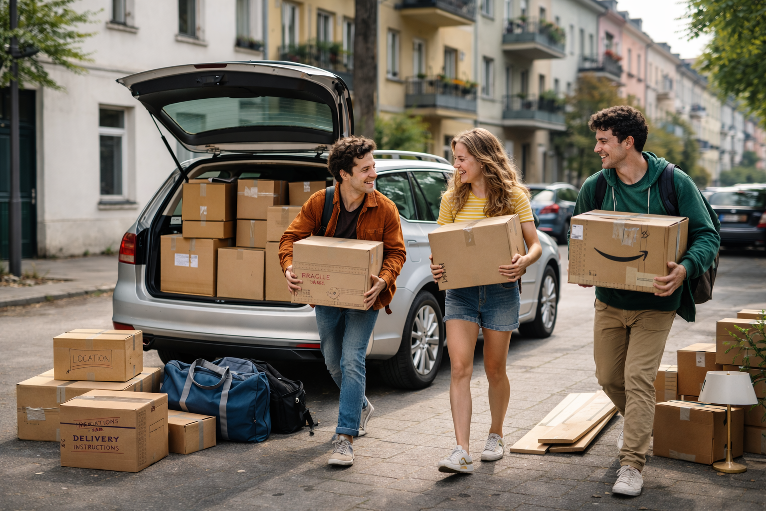 Drei Studierende tragen Umzugskartons zu einem silbernen Kombi mit geöffnetem Kofferraum, der auf einer ruhigen Wohnstraße steht. Im Auto und auf dem Gehweg befinden sich unterschiedlich abgenutzte Kartons, Taschen und Holzbretter von Möbeln.